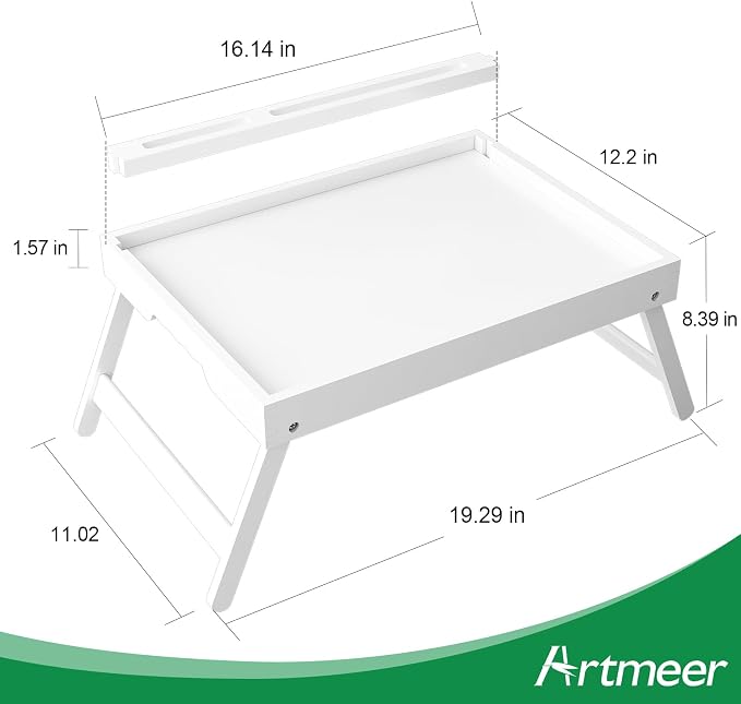 Artmeer Bamboo Bed Tray Table with Device Slot, Folding Legs, Large, White | FSC-certified bamboo bed tray with folding legs, device slot and handles for meals, laptops, reading and serving in bed.