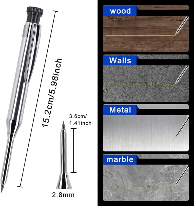 2.8mm Metal Carpenter Marking Pencils 2 Pack with 200 Refill Leads, Built-in Sharpener Tool Pencil for Woodworking, Deep Hole and Jobsite Marking, DIY, Cabinetry and Carpentry Projects (Black)
