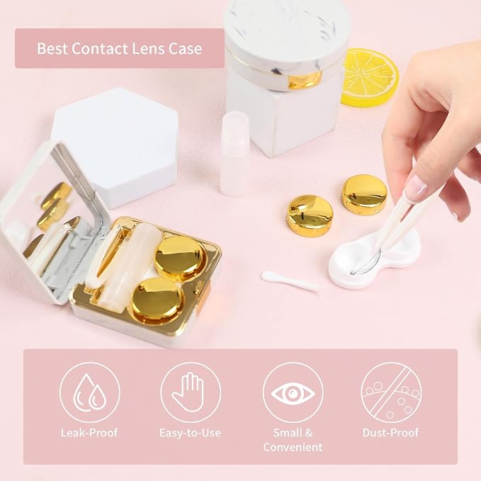 Contact Lens Case, 2 Pack Cute Portable Eye Contacts Travel Box with Mirror Colored Lenses Applicator Remover Tool Kit Solution Bottle for Daily Makeup Office Outdoor (Gold Marble)