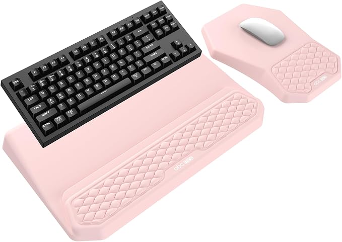 3-in-1 Ergonomic Keyboard Stand with Wrist Rest & Mouse Pad Set, Pink | Comfy Keyboard Riser Holder Soft Mousepad with Massage Design, Memory Foam and Non-Slip PU Base for Pain Relief