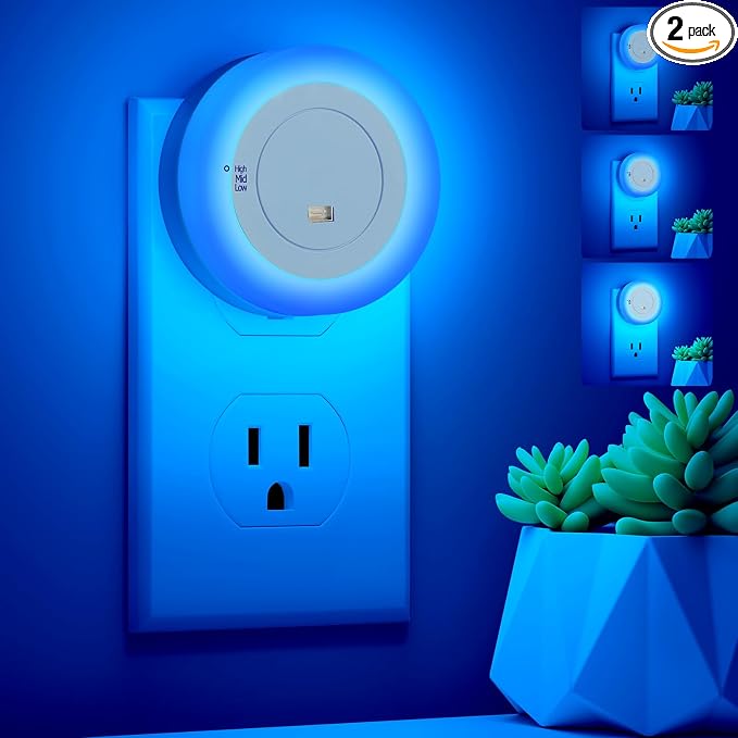 FOLKSMATE LED Night Light, Dimmable Plug-in Dusk to Dawn Sensor Hallway Lights, Smart Nightlight for Bathroom, Bedroom, Adults & Kids Room, Kitchen, Stairway, Blue, 2-Pack