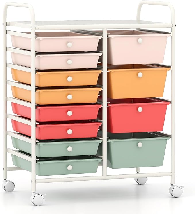 12 Drawer Rolling Storage Cart, Rolling Cart with Drawers for Classroom, Art Supply Craft Organizer on Wheel with Metal Frame & Handles for Home Office School (Macaron, 12 Drawer Left-Right)