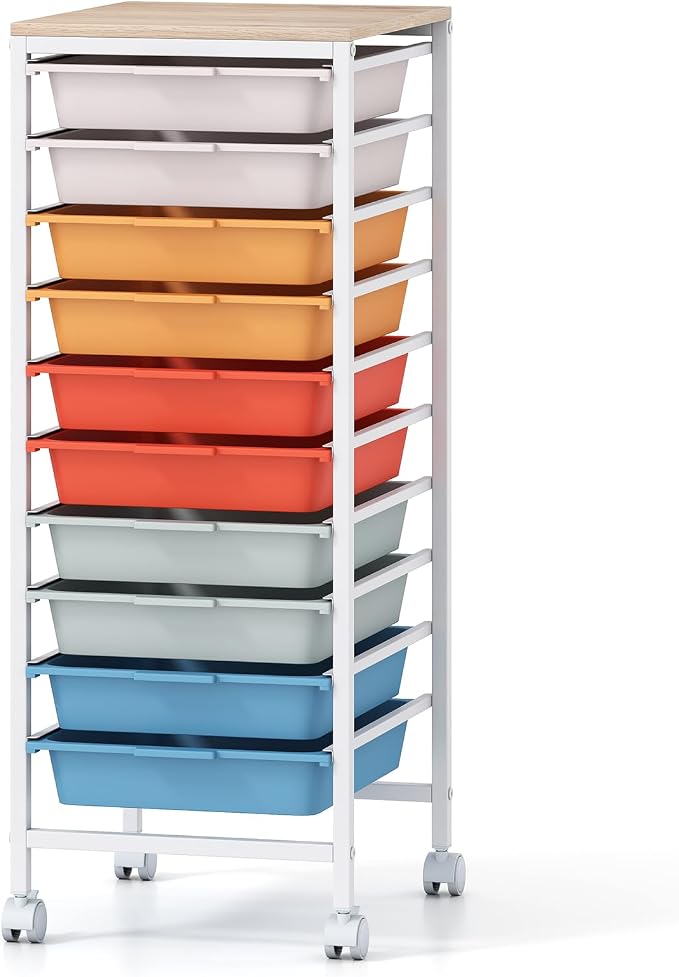 Giantex Rolling Storage Cart with 10 Drawers, Utility Cart w/Wooden Tabletop, Lockable Wheels, Multipurpose Organizer for Art Craft Books Paper, Drawer Carts for Dorm Classroom Office, Macaron