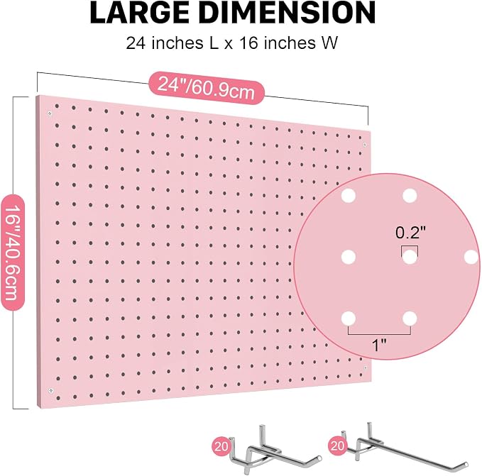 Peg Board, 4 Pack Metal Pegboard Panels Pink Pegboards Wall Organizer with Frame Large Heavy Duty Peg Board with Hooks for Walls Home, Garage Tool Storage, Office, Craft Room, Kitchen 24”×16”