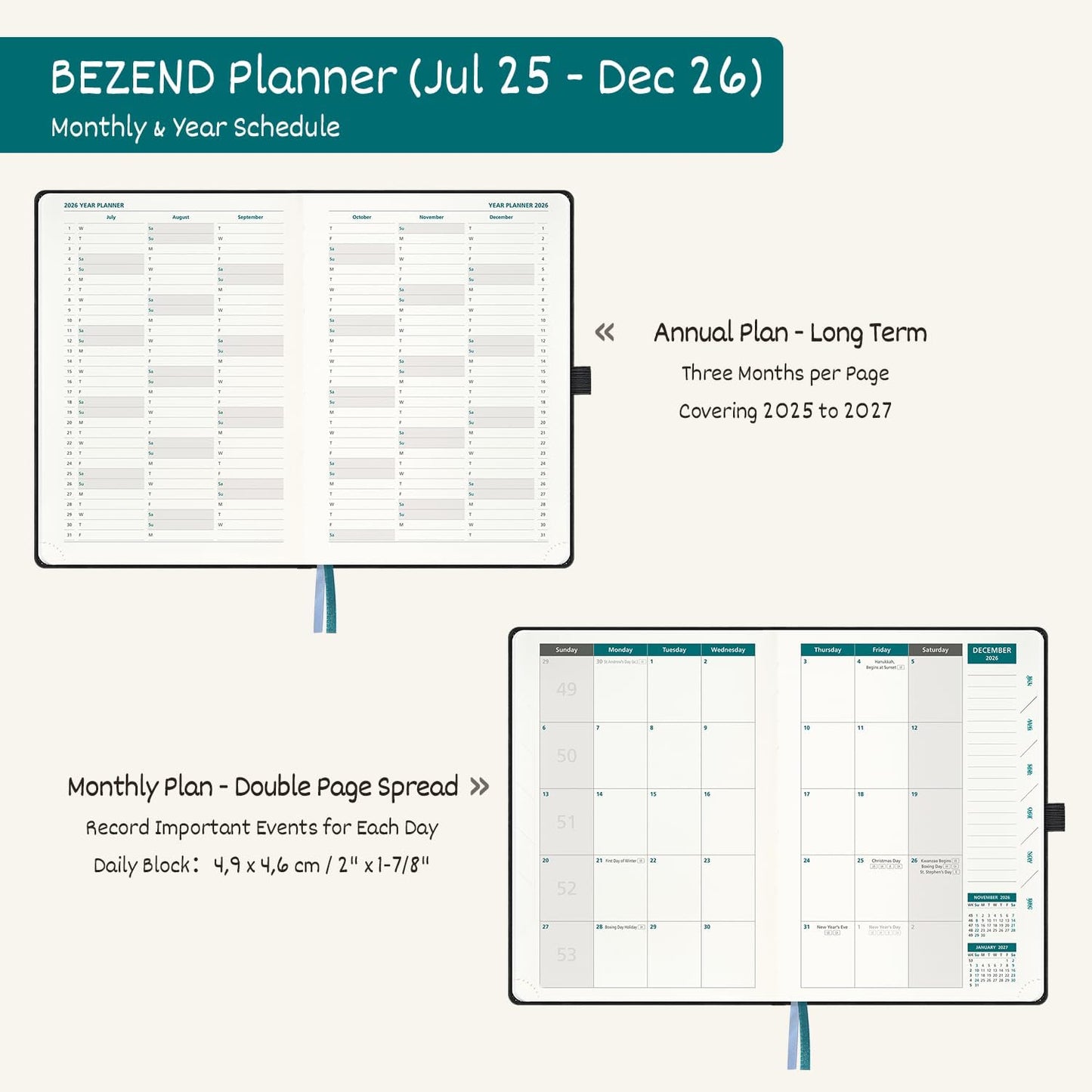 BEZEND Weekly Planner 2025-2026 with 2 Columns, 8.5" x 11" Academic Calendar 18 Months (Jul 25-Dec 26) Life Work Appointment Book with Monthly Tab, PU Leather Hardcover - Lilac