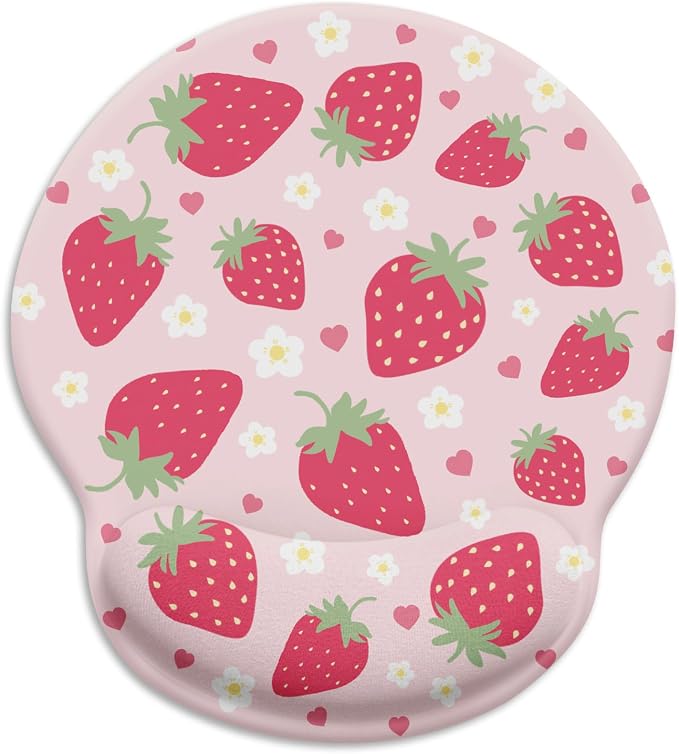 LIMKRIAN Pink Ergonomic Mouse Pad with Gel Wrist Rest, Strawberry Mousepad | Non-Slip PU Base, Smooth Surface, Comfort Wrist Support, Cute Home Office Decor School Supplies Desk Accessories for Women