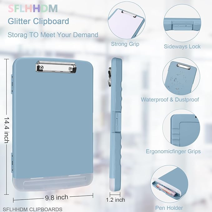 SFLHHDM Clipboard with Storage,Storage Clipboard with Pen Holder, A4 Binder Clip Boards 8.5x11 with Low Profile Clip,Side Opening Nursing Clipboards, Clipboards Folder for Office Supplies-Slate Blue