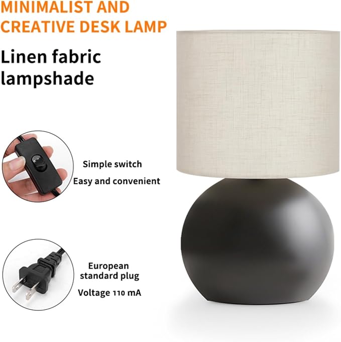Modern Black Small Table Lamp with Cotton Linen Shade, 6.2×6.2×10.4 inch LED Desk Light, One-Button Switch for Bedroom, Living Room, Nightstand, Includes Warm Light Bulb