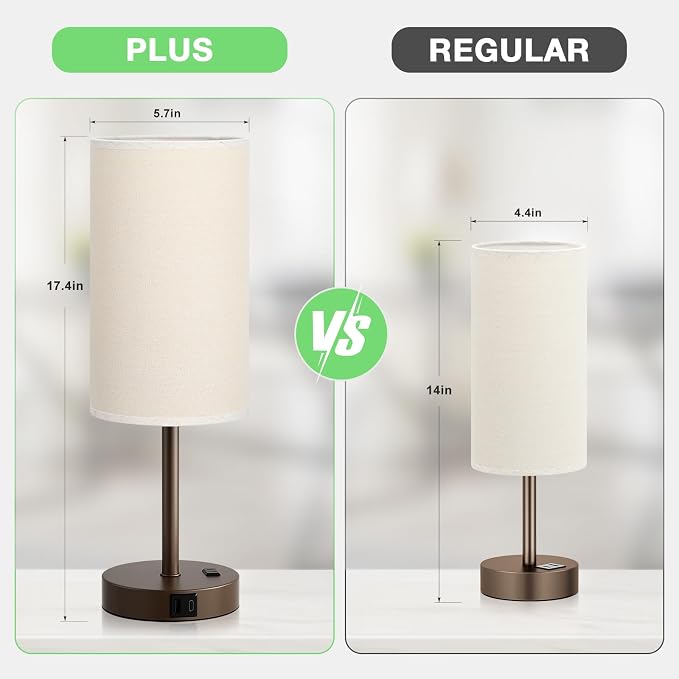 Dicoool 17.4" Bedside Lamp for Bedroom - Dimmable Touch, USB A+C, AC Outlet | LED Bulb Included, 3-Way Dimmable, 17.4" Table Lamp for Living Room, Dorm, Beige Fabric Lampshade, Brown Metal Base