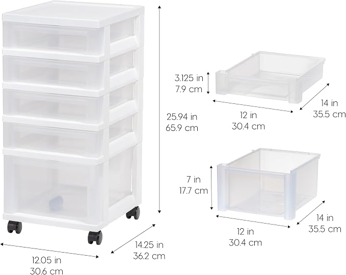 IRIS USA 5-Drawer Rolling Storage Cart with Organizer Top, White/Clear | Keep classroom supplies, teacher essentials, craft materials, and learning tools organized with easy-access drawers.