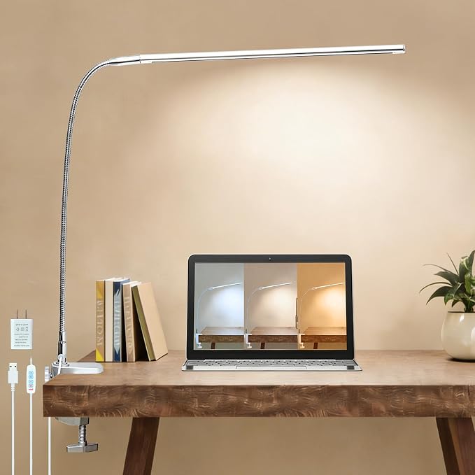 Space Aluminum LED Desk Lamp with Clamp Reading Study Desk Light | Clip on Light for 3 Modes 10 Brightness Flexible Gooseneck with USB Adapter Table Lamp for Home Office Computer Nail Work