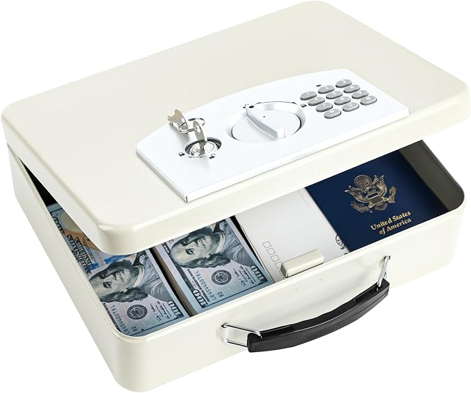 KYODOLED Off-White Safe Box with Digital Keypad Lock, Lock Box with Code for Personal Items, Metal Security Box for Cash, Passport, Ideal for Home, Office, Garage Sale, 11.8'' x 9.4'' x 3.5''