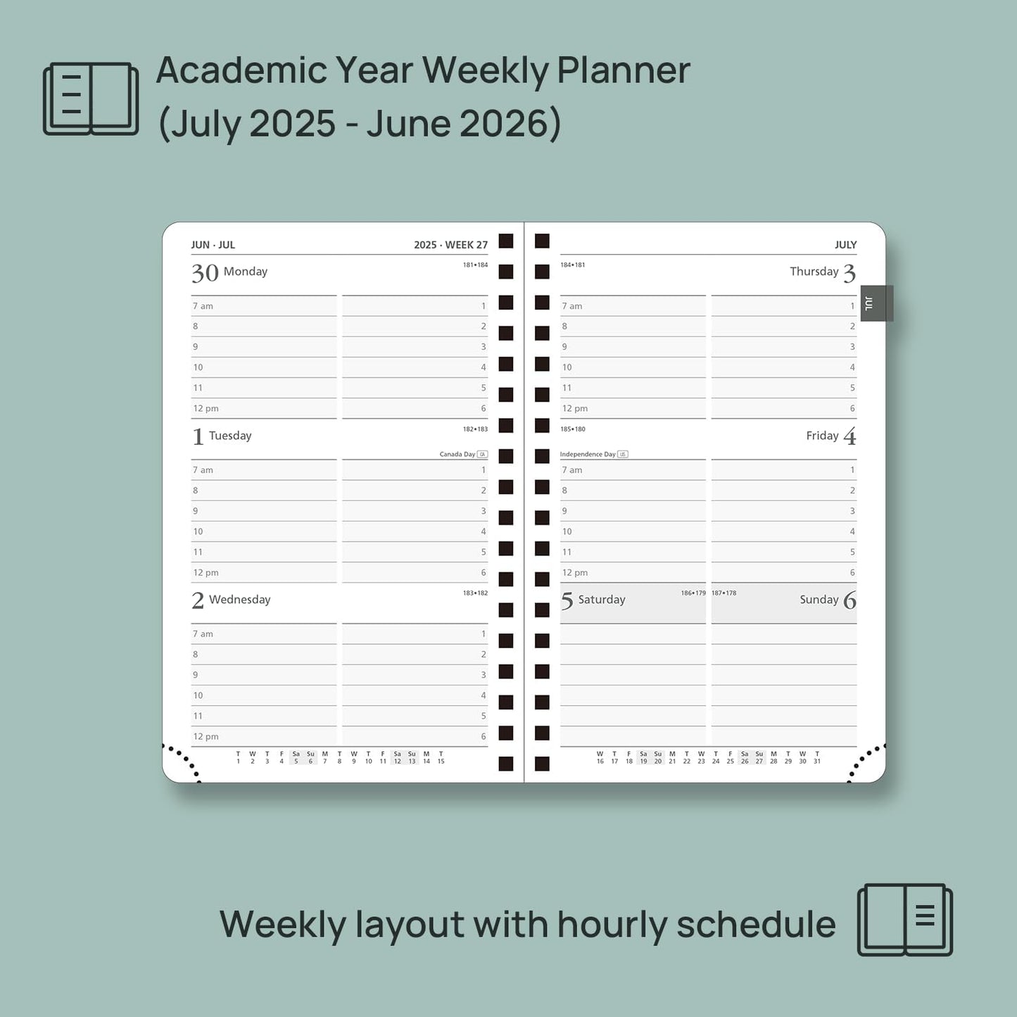 POPRUN Pocket Planner 2025-2026 (Purse Size 4'' x 6.25'') Academic Small Calendar (July 2025 - June 2026) with Hourly Time Slots, 100GSM Thick Papers, Spiral Leather Cover - Pacific Green