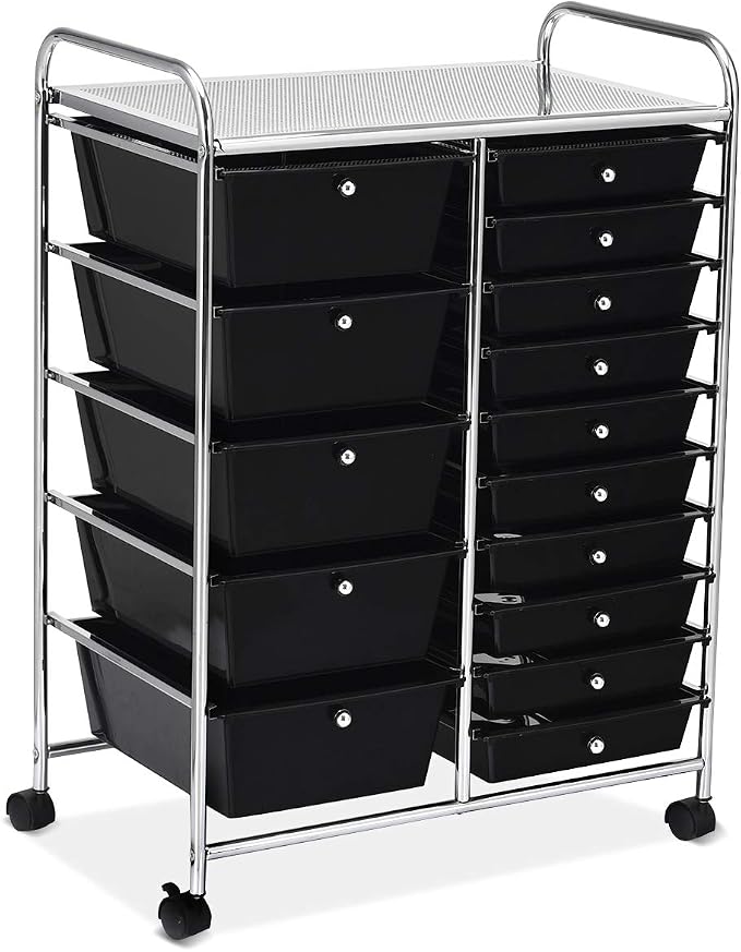 RELAX4LIFE 15 Drawer Rolling Storage Cart, Mobile Drawer Carts for Craft Art Supply Paper Salon, Utility Cart on Wheels for Classroom Teacher School Office, Rolling Cart with Drawers (Black)