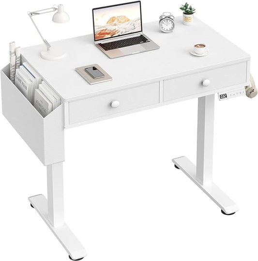 KLUVIS Electric Standing Desk with Drawers, 32 Inch White Small Height Adjustable Sit Stand Desk with Storage for Small Space Home Office Bedroom, Study Writing Stand up Computer Desks for Girls Work