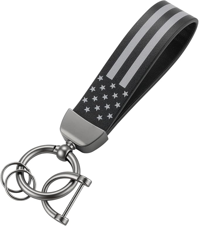 JUSTTOP Leather Keychain, American Flag Car Keychain with Anti-Lost D-Ring and 2 Key Rings, Key chain for Men