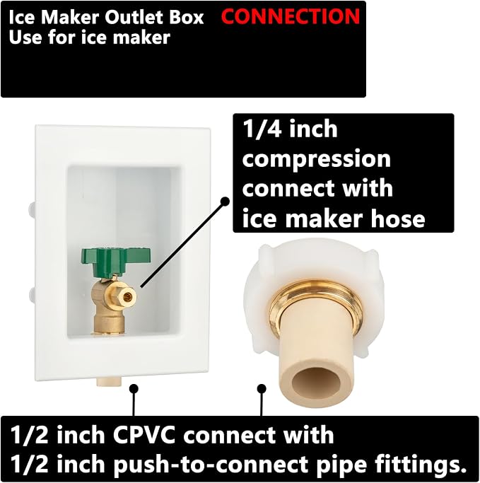 (1 Pack) Lidertik 1/2 inch CPVC Connect Pre-Assembled Ice Maker Outlet Box Valve 1/4 inch Recessed Refrigerator Water Line Wall Box with Shut Off Valve LI-ZBQH-540