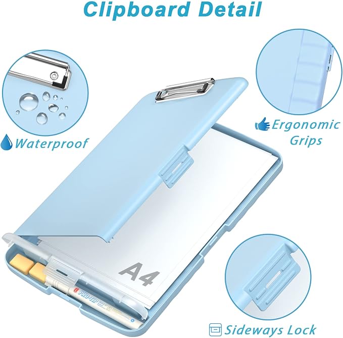 Rimilak Clipboard with Storage, 8.5 x 11'' High Capacity Clip Board, Blue | Smooth Writing, Side-Opening Plastic Folder with Pen Holder, Size 14.2 x 9.6 x 1.2″ ,for Classroom, Teacher, Student
