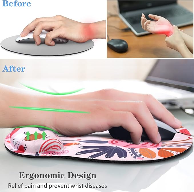 WAVEYU Ergonomic Mouse Pad with Wrist Support for Women Girls, Cute Pretty Mouse Mat Non-Slip Rubber Base Mousepad for Desk Laptop Gaming Working Computers Easy Typing & Pain Relief, Pink Flower