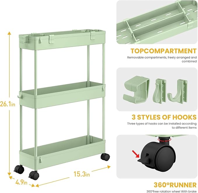 2-piece Set Slim Storage Cart 3 Tier,Bathroom Organizer Rolling Utility,Mobile Shelving Unit Slide Out for Office, Kitchen, Laundry Room & Narrow Places