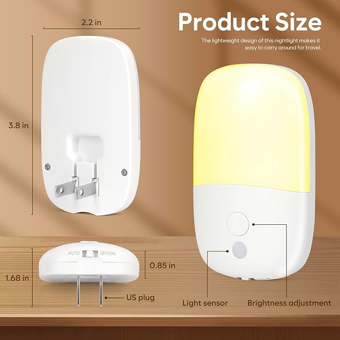 LED Night Light Plug into Wall, 2 Pack Dimmable Night Lights with Dusk to Dawn Sensor & Retractable Plug & 3 Adjustable Brightness, 3000K Warm Nightlight for Adults/Kids/Bedroom/Stair/Hallway/Kitchen