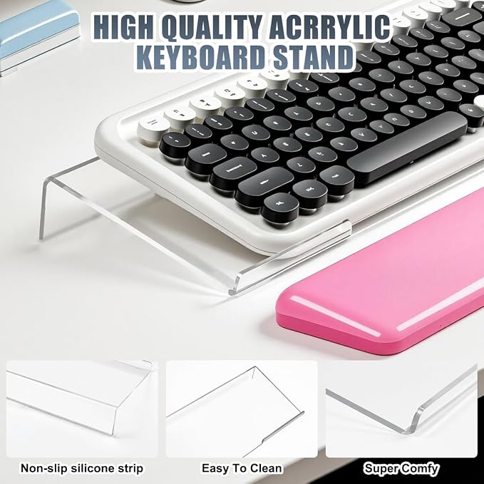 Acrylic Computer Keyboard Stand with Gel Wrist Rest Set(Pink White Set) | Keyboard Riser for Desk Easy Typing with Gel Keyboard Wrist Pad, Anti-Slip Comfort Jelly Clear Wrist Rest Relief Pain