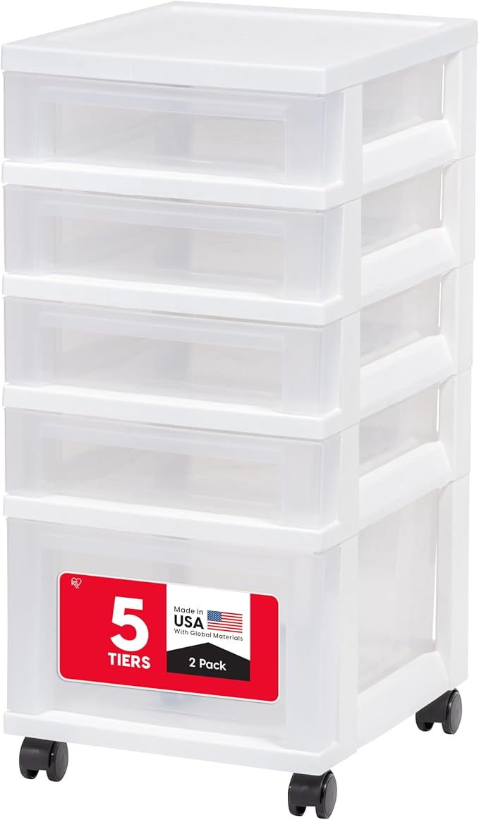 IRIS USA 5-Drawer Rolling Storage Cart with Organizer Top, White/Clear | Keep classroom supplies, teacher essentials, craft materials, and learning tools organized with easy-access drawers.