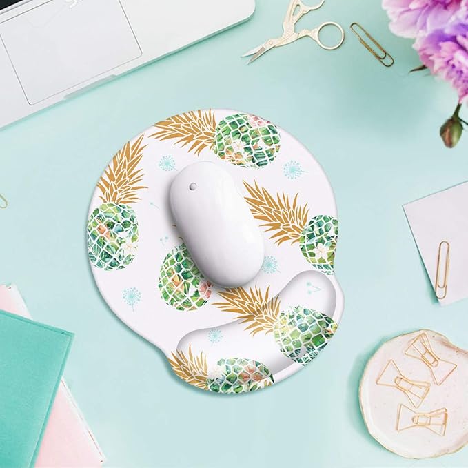 WAVEYU Pineapple Mouse Pad with Wrist Support, Cute Designed Mouse Mat with Wrist Rest for Women Girls, Comfortable Non-Slip Rubber Base Mousepad for Laptop, Computer, 9'' x 10'', Green Pineapple