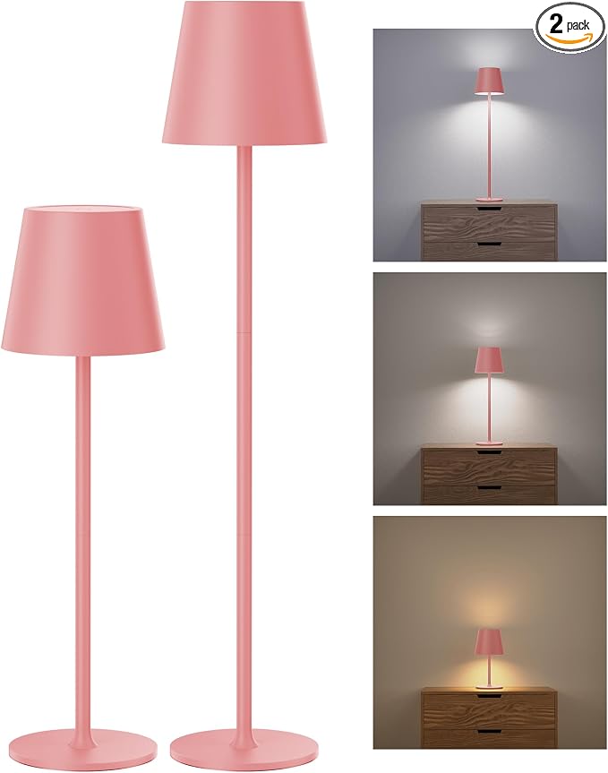 JACKYLED Cordless Table Lamps Rechargeable, 3 Adjustable Height, 5000Capactiy Opwer Operated, 3 Colors Smooth Dimming, Portable LED Waterproof Table Lamp for Dining, Bedroom, Outdoor ((2 Pack Pink)