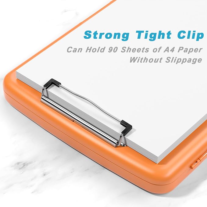 Rimilak Clipboard with Storage, 8.5 x 11'' High Capacity Clip Board, Orange | Smooth Writing, Side-Opening Plastic Folder with Pen Holder, Size 14.2 x 9.6 x 1.2″ ,for Classroom, Teacher, Student