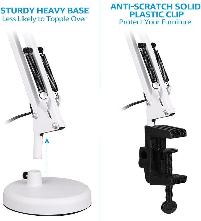 TORCHSTAR Metal Desk Lamp, Adjustable Swing Arm, E26, White | Architect Gooseneck Multi-Joint Clip Table Lamp with Plastic Clamp, for Home Office, Work, Study, Reading, Bulbs not Included