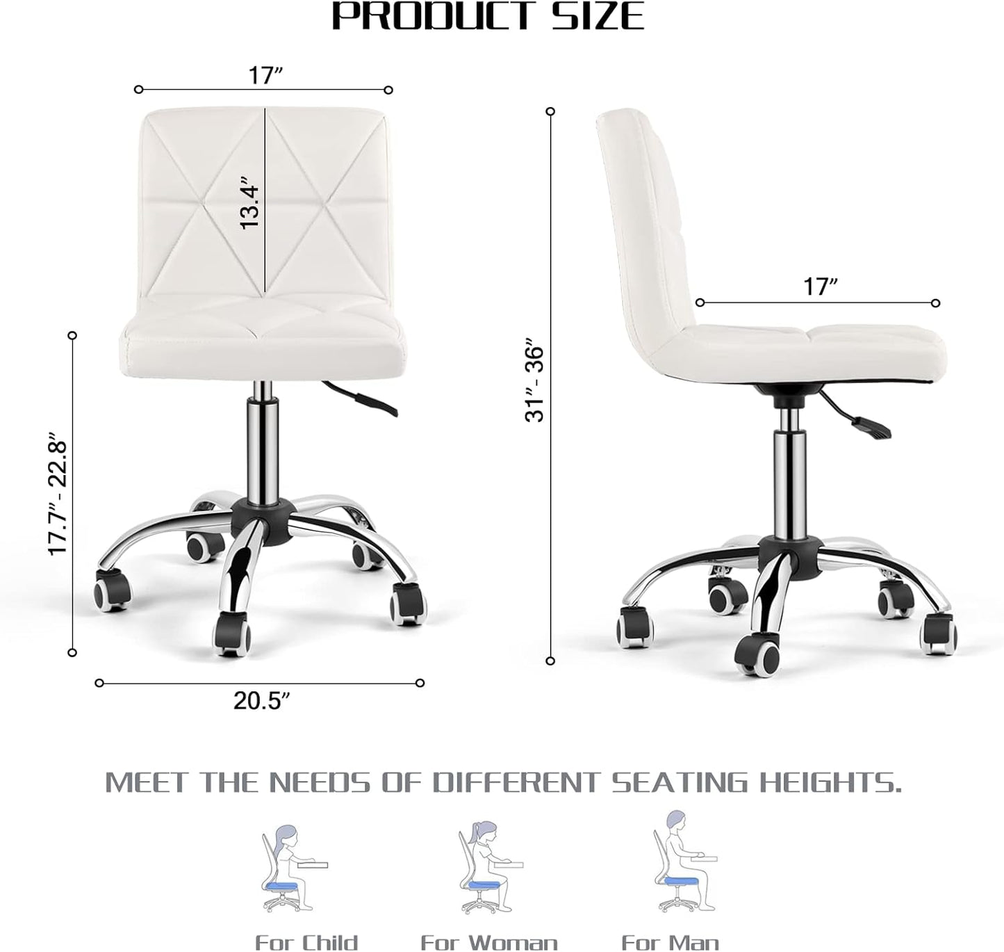 COSVALVE Armless Desk Chair, Mid Back Swivel Office Chair, Adjustable Executive Conference Task Chair with Rolling Wheels and Diamond Pattern, for Home Computer Barber, White