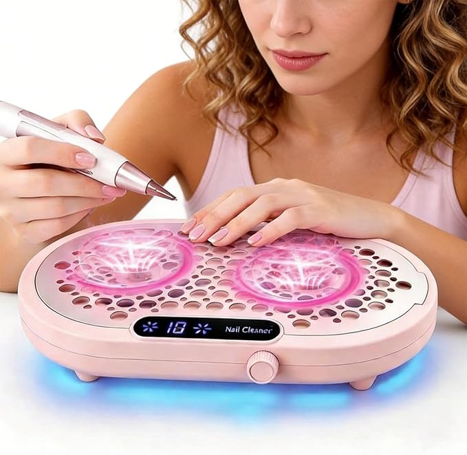 Nail Dust Collector for Nail Tech, 4000RPM Brushless Nail Fan with Dual Turbo, 360° Suction Manicure Dust Vacuum Extractor for Acrylic Dip Gel Polish, Low Noise, 30 Filters—Pink
