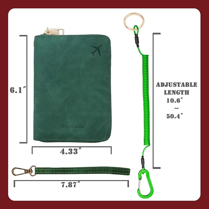 Passport Holder with Tether and Carabiner Clip to Prevent Loss and Theft, Rfid Passport Holder for Travel, Passport Cover, Wallet & Case for Men and Women (Green - Tether and Carabiner)