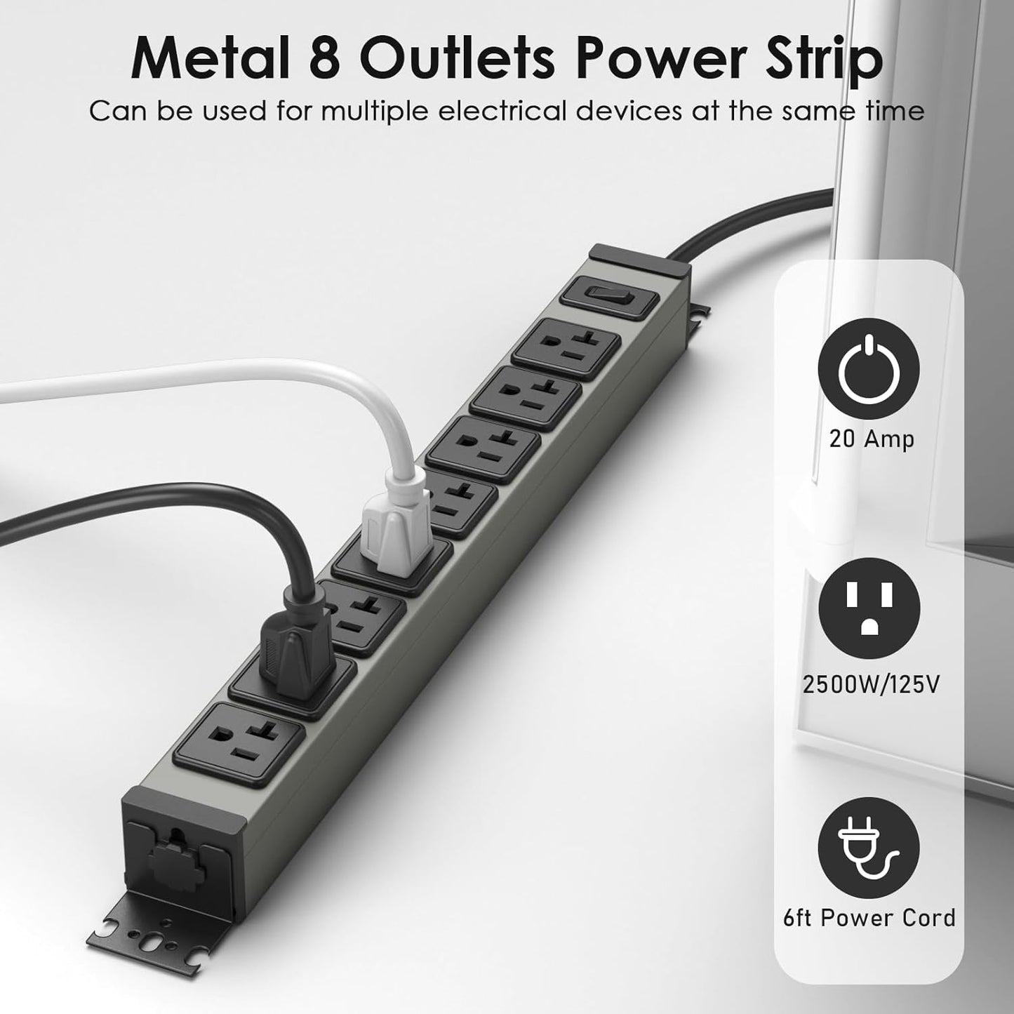 JUNNUJ Heavy Duty Power Strip Wall Mount, 20 Amp Surge Protector 1200J Metal 8 Outlet Under Desk Mounted 20A, Garage Power Bar Table Socket Industrial Outlets 6-20R T-Slot, 6FT 12AWG Extension Cord