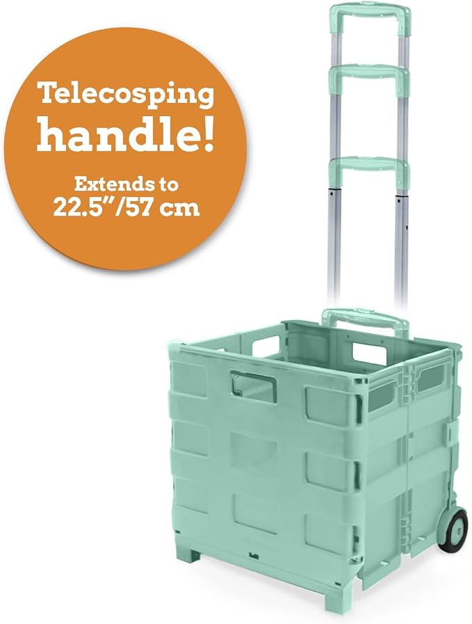 Ultra-Slim Rolling Collapsible Storage Pack-N-Roll Utility-carts, with Telescopic Handle, for Home, Garden, Shopping, Office, School use, Large, Mint