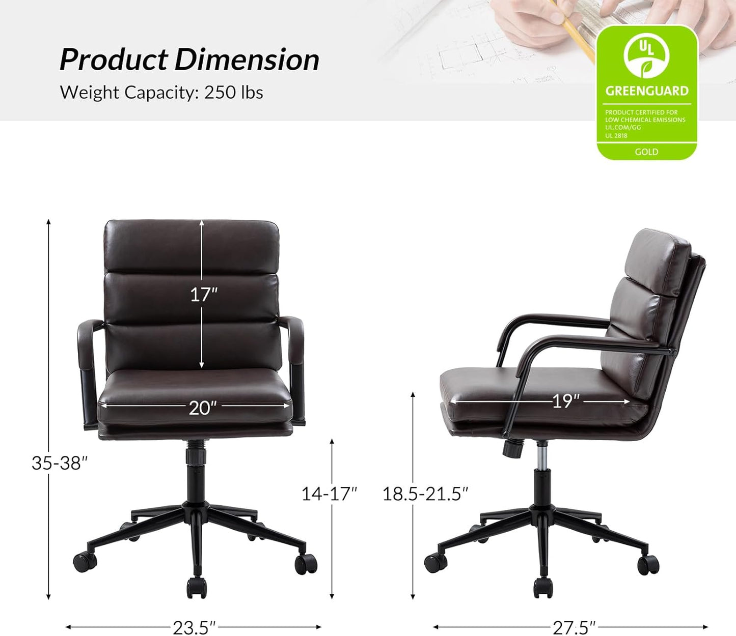 HULALA HOME Modern Faux Leather Home Office Chair with Tilt Lock & Metal Base, Desk Chair with Wheels & Padded Cushion, 360° Swivel Wide Seat Computer Task Chair, Brown