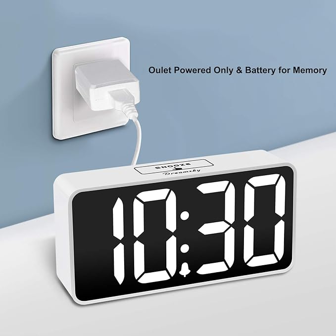 DreamSky Small Digital Alarm Clock for Bedroom with Large Big Numbers | Electric Bedside Desk Clock with USB Charging Port, Brightness Dimmer, Adjustable Alarm Volume, USB-C Adapter Powered