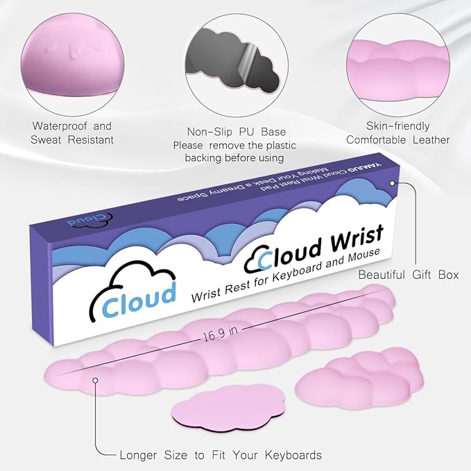 4 in 1 Ergonomic Leather Cloud Wrist Rest Keyboard and Mouse Pad & Coaster | Full 4-Piece Set, Non-Slip PU Base, Soft Memory Foam Comfort For Long Work/Gaming Hours, Cute Desk Decor, Easy To Clean