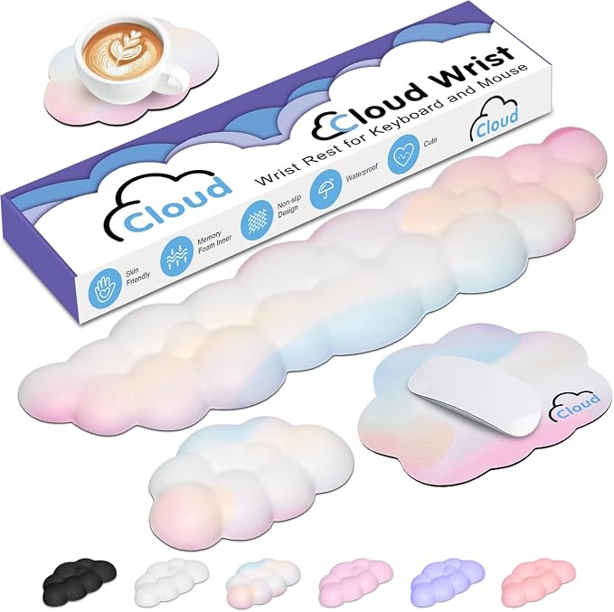 4 in 1 Ergonomic Leather Cloud Wrist Rest Keyboard and Mouse Pad & Coaster | Full 4-Piece Set, Non-Slip PU Base, Soft Memory Foam Comfort For Long Work/Gaming Hours, Cute Desk Decor, Easy To Clean