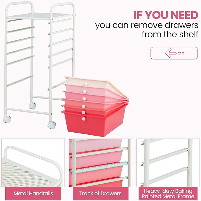 COSTWAY 6-Drawer Rolling Storage Cart, Art Craft Tools Organizer on Wheels | Multifunctional Heavy Duty Utility Mobile Storage Trolley w/ 2 Lockable Wheels for Home Office School (Mixed Pink)