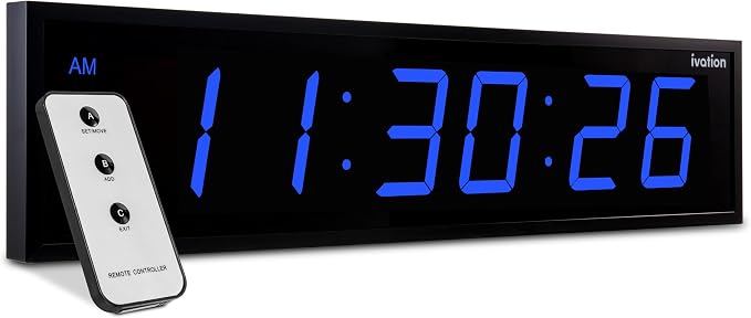 Ivation Oversized Large Digital Wall Clock - Big LED Digital Clock w/Large Display & Durable Aluminum Frame, Shelf or Wall Mount (36 Inch - Blue) 6 Brightness Levels | Time Memory | Remote