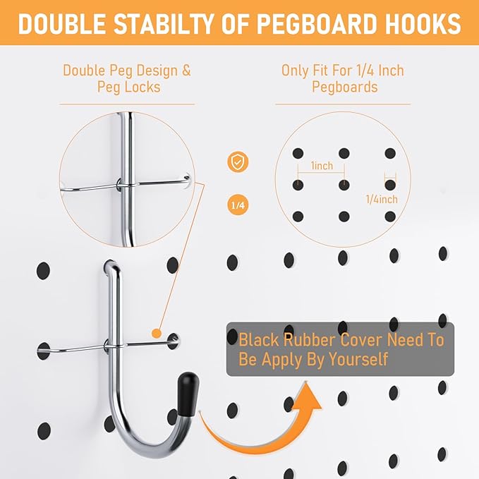 INCLY 176PCS Pegboard Hooks with Peg Locks, 1/4" Heavy Duty Metal | Peg Board Hooks Assortment, With Peg Locks, Pegboard Accessories Organizer Kit, For Garage Wall Organizer Hanging Tools