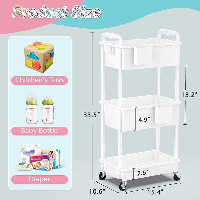 SUNALLY Baby Diaper Caddy Cart,3 Tier Rolling Diaper Cart for Nursery,White | Large Capacity & Easy Assemble Diaper Storage Organizer with Lockable Wheels for Newborn, New Mom, Baby Girl Boy Essentials