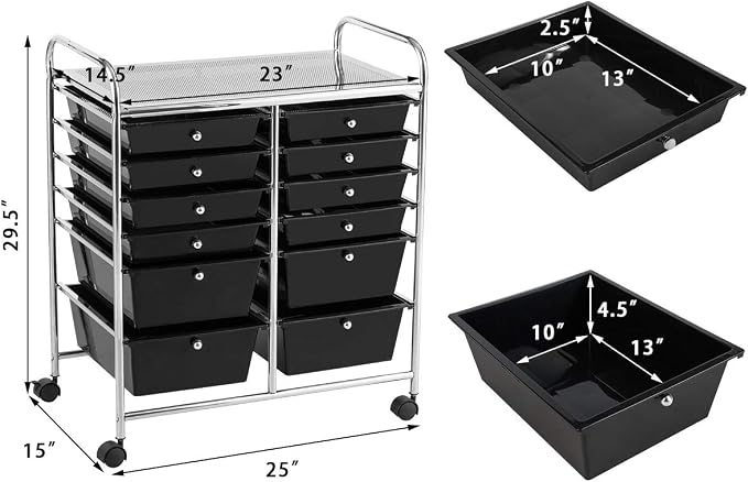 12 Drawer Rolling Storage Cart, Craft Cart Organizer on Wheels w/Metal Frame, Large Capacity & Smooth Drawer, Rolling Cart w/Drawers for Classroom, Office