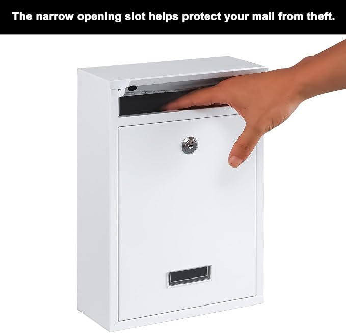 KYODOLED Locking Wall Mount Mailbox with Key Lock, White | Heavy-Duty Steel, Secure Drop Box for Letters, Cash & Cards, Weather Resistant, Home, Office & Apartment Use