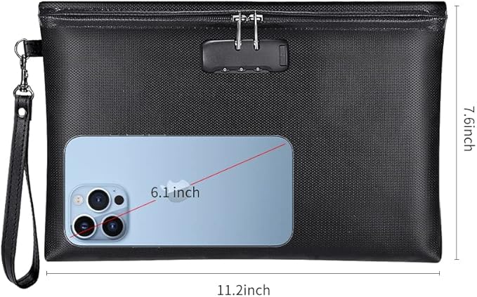 Fireproof Money Bag with Lock, 11.2"x7.6" Fireproof Cash Bag with Zipper Closure, Storage Pouch for A5 Size Document, Cheque, Cash, Cell Phone, Tablet, Credit Card, Passport, Jewelry (Black)