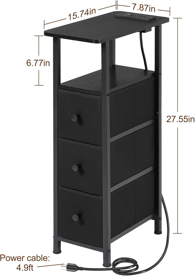 Narrow End Table with Charging Station, Small Nightstand | Skinny Side Tables Living Room with 3 Fabric Drawers, Bedside Table with LED Lights for Bedroom, Small Spaces, Black