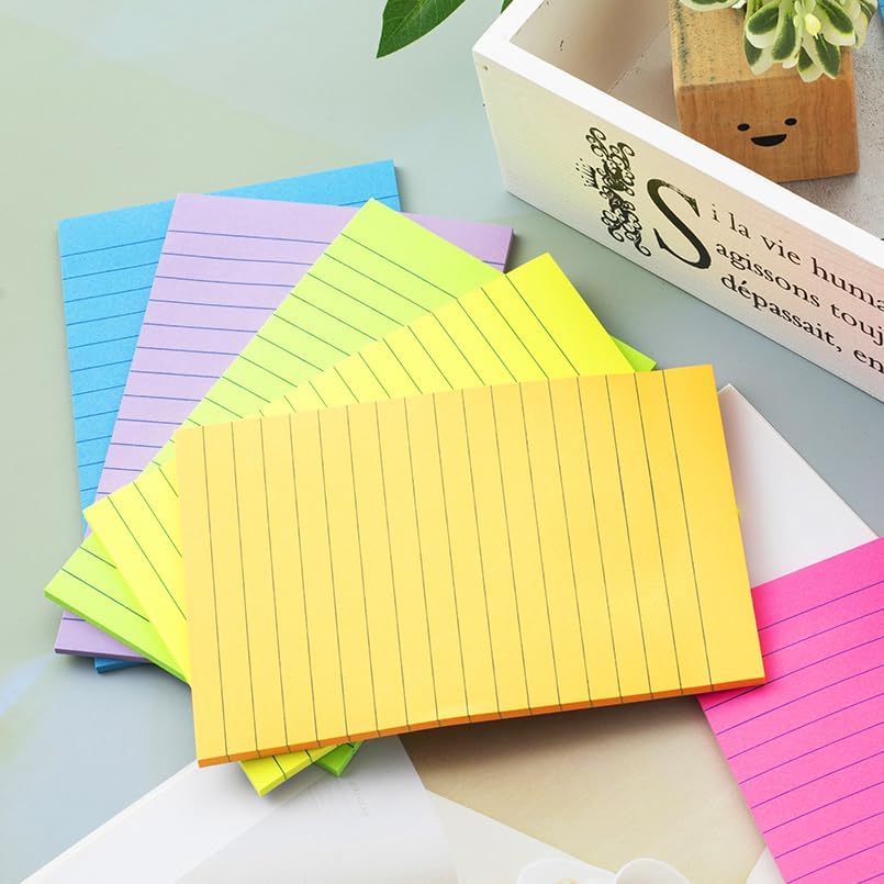 (6 Pack) Lined Sticky Notes 4x6 in Ruled Stickies Super Sticking Power Memo Pads Bright Colors