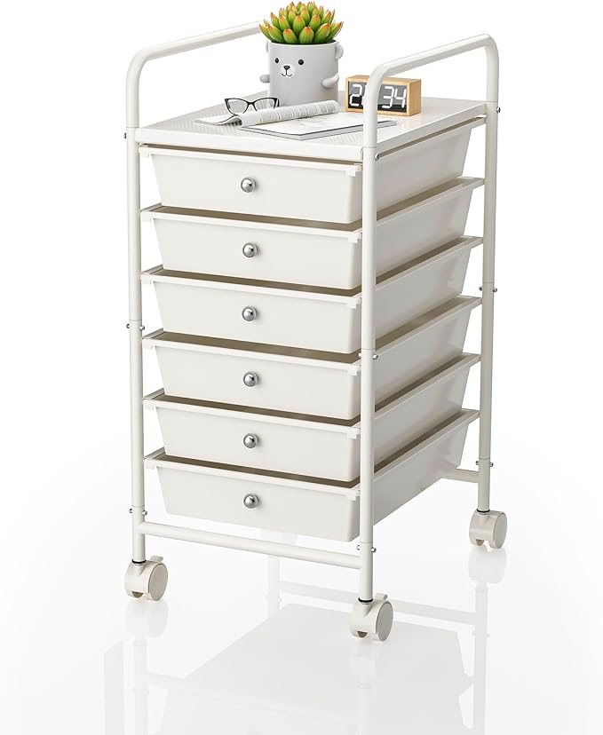 Rolling Storage Cart with Drawers 6-Tier Lock Wheels Office White | Utility Cart with 6 Drawers & 2 Lockable Caster, Multipurpose Mobile Drawer Cart for School Bathroom Kitchen